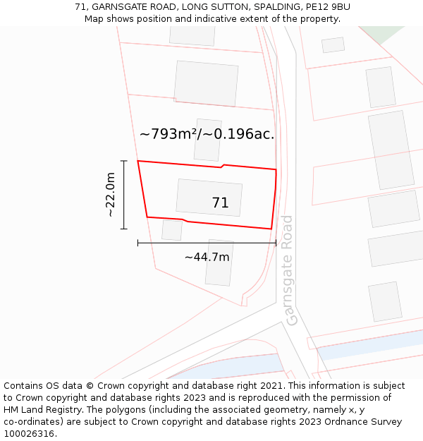 71, GARNSGATE ROAD, LONG SUTTON, SPALDING, PE12 9BU: Plot and title map