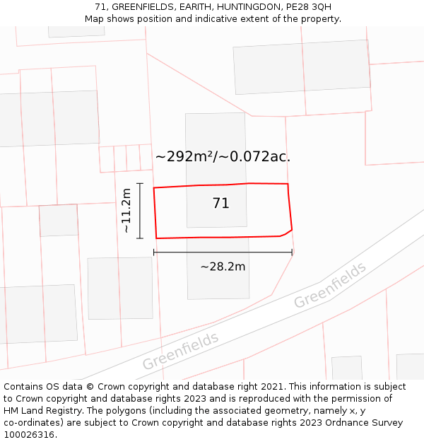 71, GREENFIELDS, EARITH, HUNTINGDON, PE28 3QH: Plot and title map