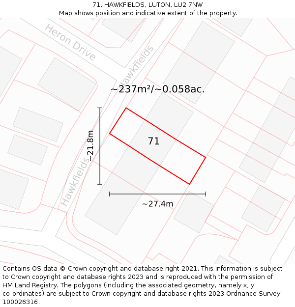 71, HAWKFIELDS, LUTON, LU2 7NW: Plot and title map