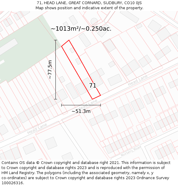 71, HEAD LANE, GREAT CORNARD, SUDBURY, CO10 0JS: Plot and title map