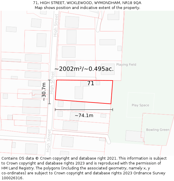 71, HIGH STREET, WICKLEWOOD, WYMONDHAM, NR18 9QA: Plot and title map