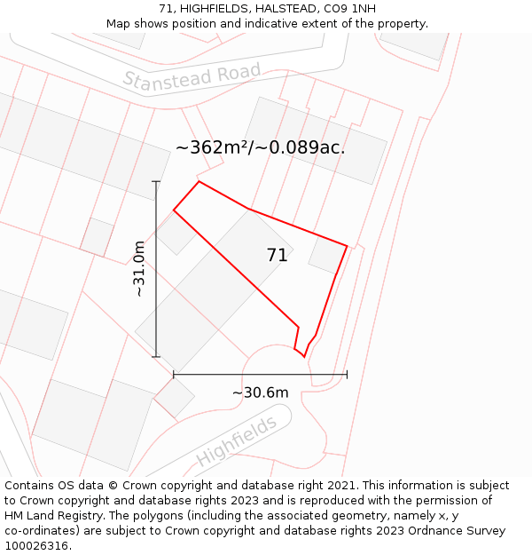 71, HIGHFIELDS, HALSTEAD, CO9 1NH: Plot and title map