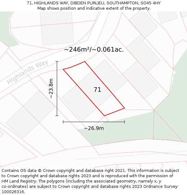 71, HIGHLANDS WAY, DIBDEN PURLIEU, SOUTHAMPTON, SO45 4HY: Plot and title map