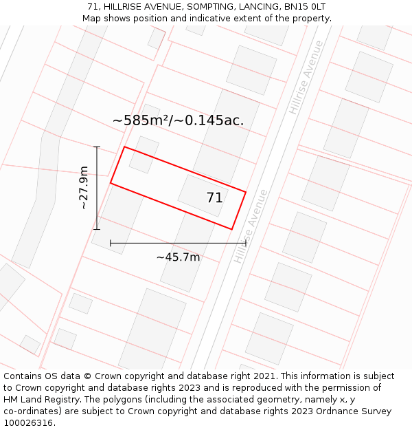 71, HILLRISE AVENUE, SOMPTING, LANCING, BN15 0LT: Plot and title map