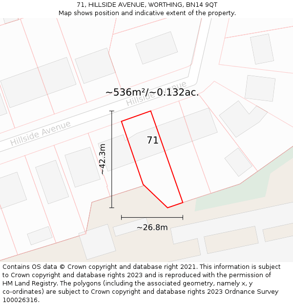 71, HILLSIDE AVENUE, WORTHING, BN14 9QT: Plot and title map