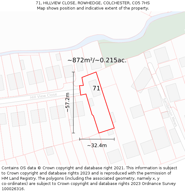 71, HILLVIEW CLOSE, ROWHEDGE, COLCHESTER, CO5 7HS: Plot and title map