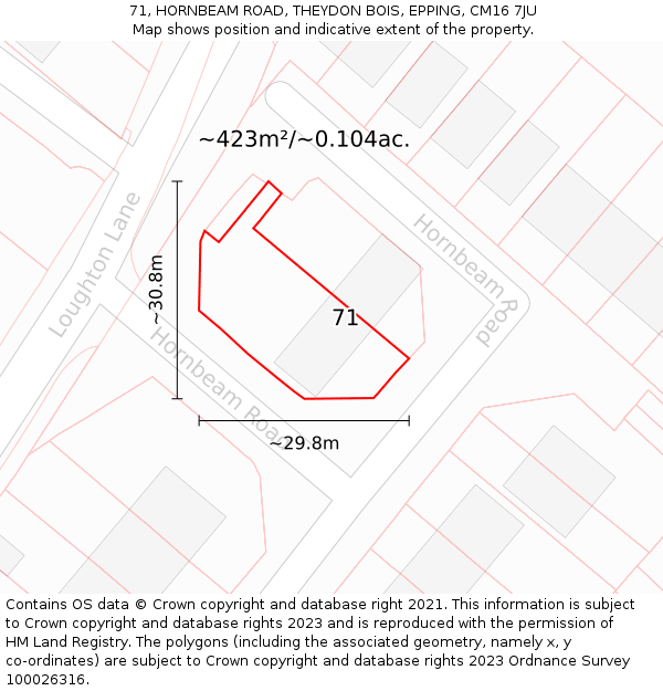71, HORNBEAM ROAD, THEYDON BOIS, EPPING, CM16 7JU: Plot and title map
