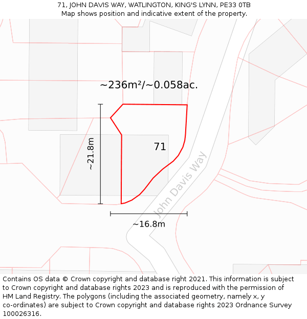 71, JOHN DAVIS WAY, WATLINGTON, KING'S LYNN, PE33 0TB: Plot and title map