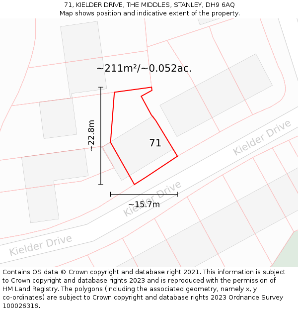71, KIELDER DRIVE, THE MIDDLES, STANLEY, DH9 6AQ: Plot and title map