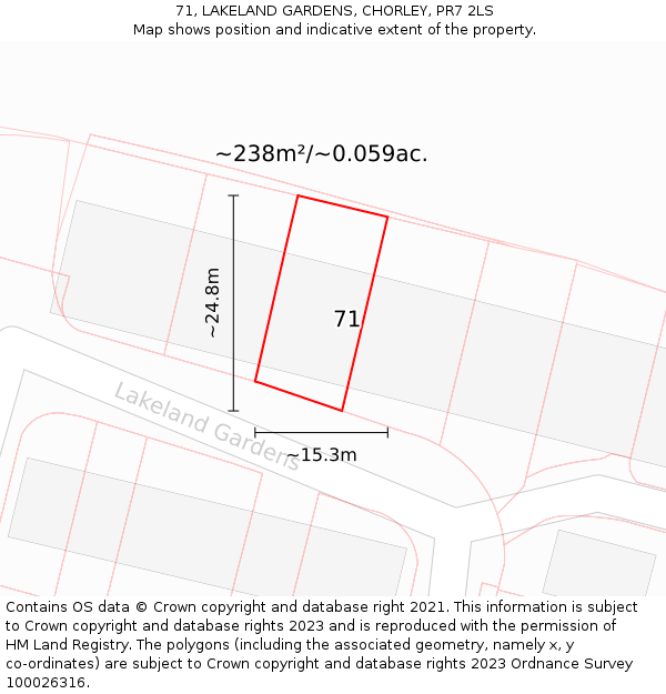 71, LAKELAND GARDENS, CHORLEY, PR7 2LS: Plot and title map
