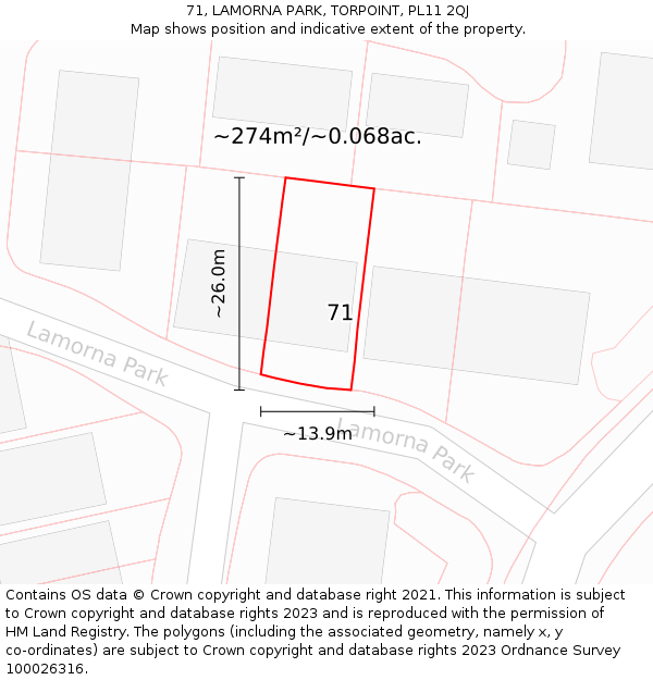 71, LAMORNA PARK, TORPOINT, PL11 2QJ: Plot and title map