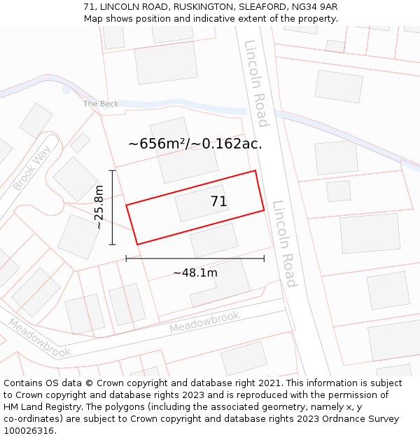 71, LINCOLN ROAD, RUSKINGTON, SLEAFORD, NG34 9AR: Plot and title map
