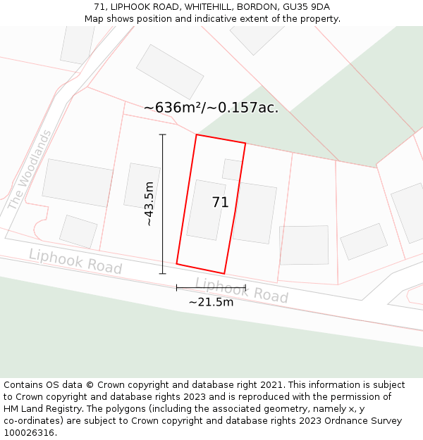 71, LIPHOOK ROAD, WHITEHILL, BORDON, GU35 9DA: Plot and title map