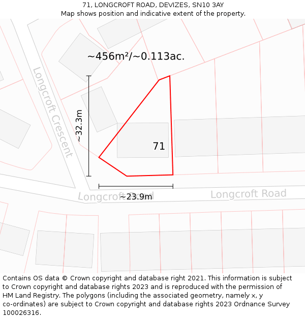 71, LONGCROFT ROAD, DEVIZES, SN10 3AY: Plot and title map