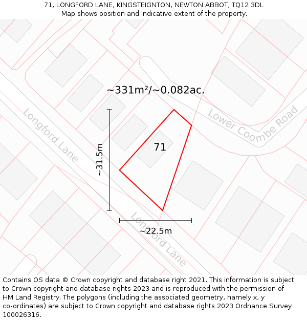 71, LONGFORD LANE, KINGSTEIGNTON, NEWTON ABBOT, TQ12 3DL: Plot and title map