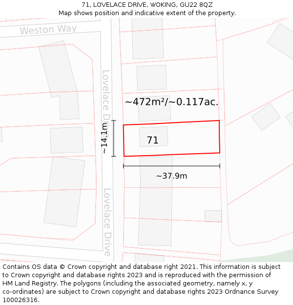 71, LOVELACE DRIVE, WOKING, GU22 8QZ: Plot and title map