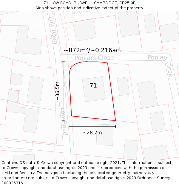 71, LOW ROAD, BURWELL, CAMBRIDGE, CB25 0EJ: Plot and title map