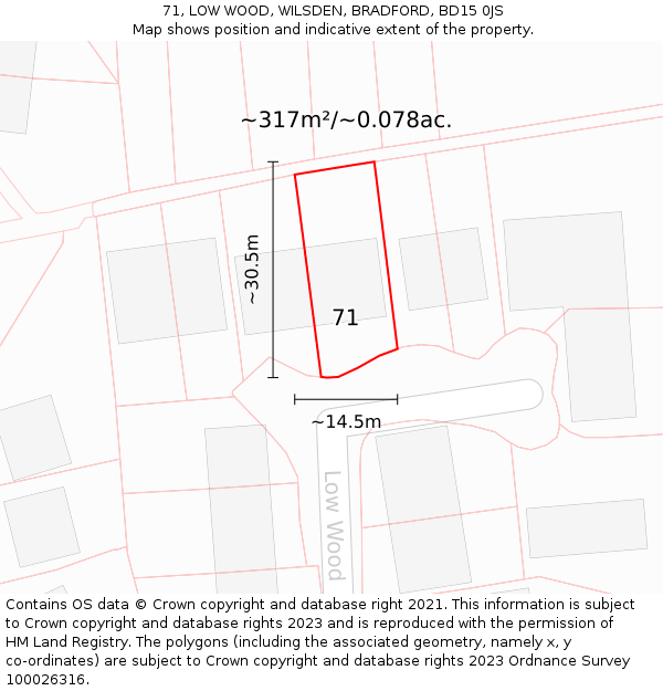 71, LOW WOOD, WILSDEN, BRADFORD, BD15 0JS: Plot and title map