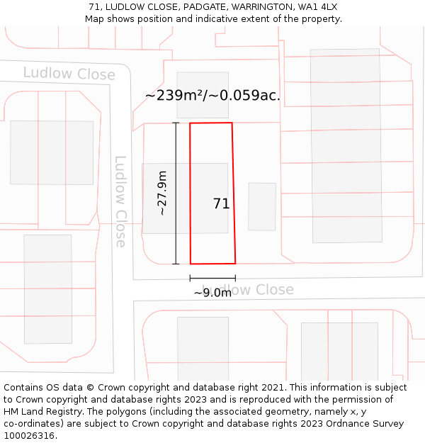 71, LUDLOW CLOSE, PADGATE, WARRINGTON, WA1 4LX: Plot and title map