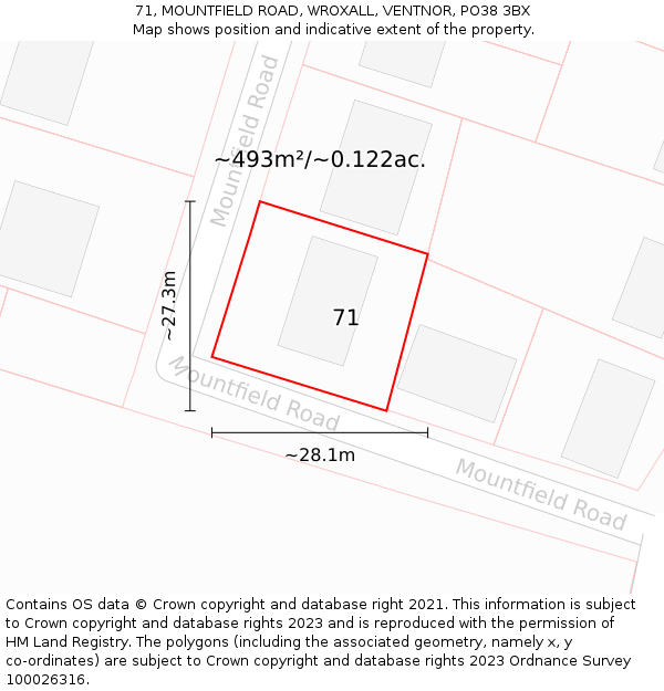 71, MOUNTFIELD ROAD, WROXALL, VENTNOR, PO38 3BX: Plot and title map