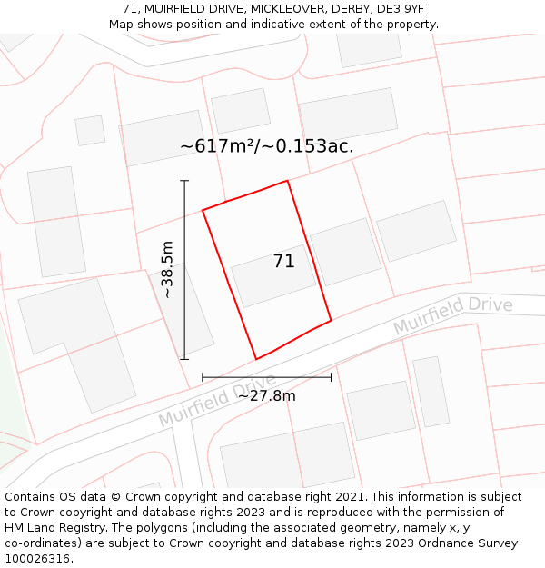 71, MUIRFIELD DRIVE, MICKLEOVER, DERBY, DE3 9YF: Plot and title map