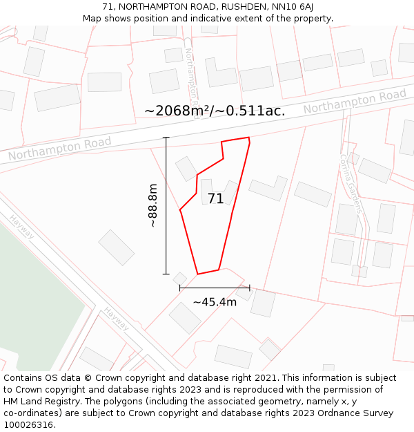 71, NORTHAMPTON ROAD, RUSHDEN, NN10 6AJ: Plot and title map