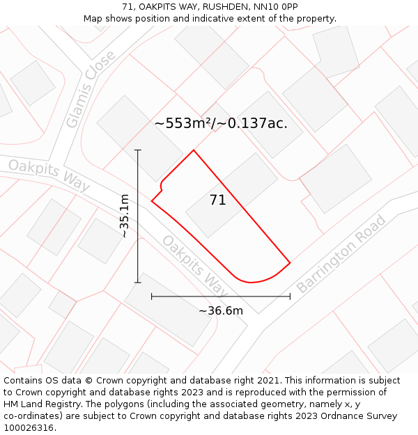 71, OAKPITS WAY, RUSHDEN, NN10 0PP: Plot and title map