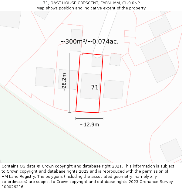 71, OAST HOUSE CRESCENT, FARNHAM, GU9 0NP: Plot and title map