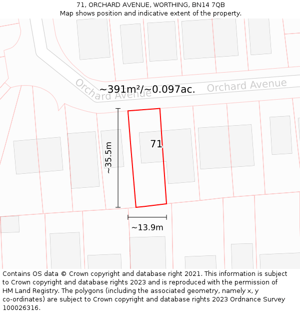 71, ORCHARD AVENUE, WORTHING, BN14 7QB: Plot and title map