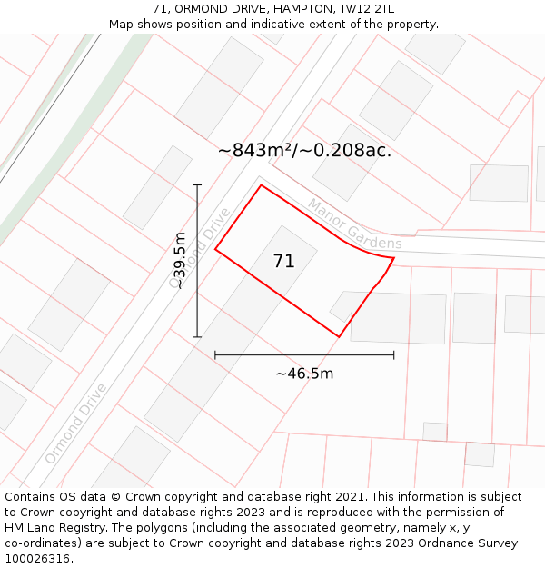 71, ORMOND DRIVE, HAMPTON, TW12 2TL: Plot and title map