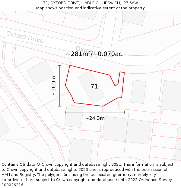 71, OXFORD DRIVE, HADLEIGH, IPSWICH, IP7 6AW: Plot and title map