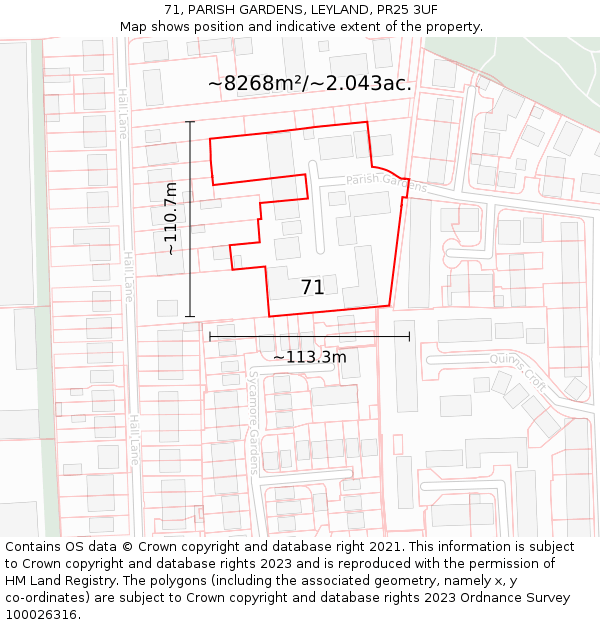 71, PARISH GARDENS, LEYLAND, PR25 3UF: Plot and title map