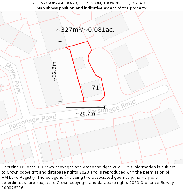 71, PARSONAGE ROAD, HILPERTON, TROWBRIDGE, BA14 7UD: Plot and title map
