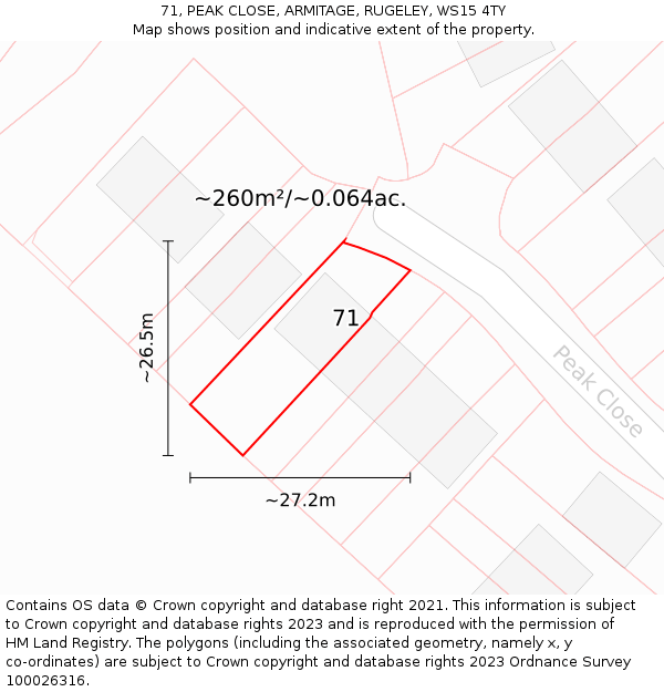 71, PEAK CLOSE, ARMITAGE, RUGELEY, WS15 4TY: Plot and title map