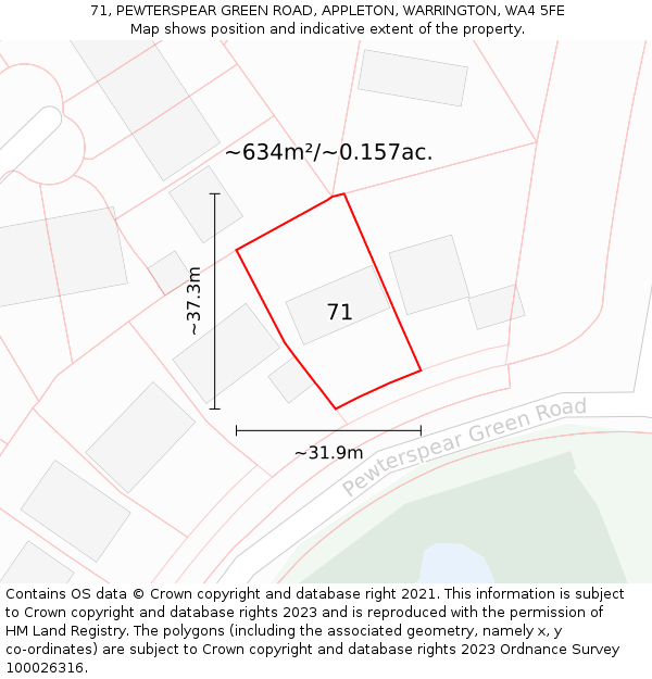 71, PEWTERSPEAR GREEN ROAD, APPLETON, WARRINGTON, WA4 5FE: Plot and title map