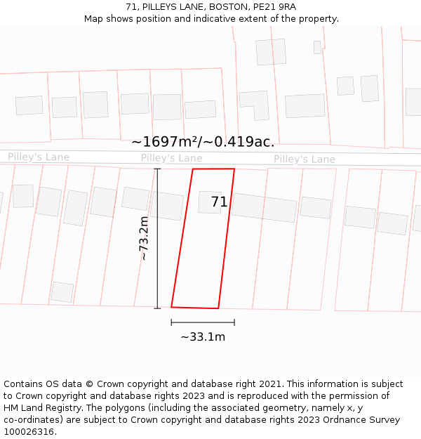 71, PILLEYS LANE, BOSTON, PE21 9RA: Plot and title map