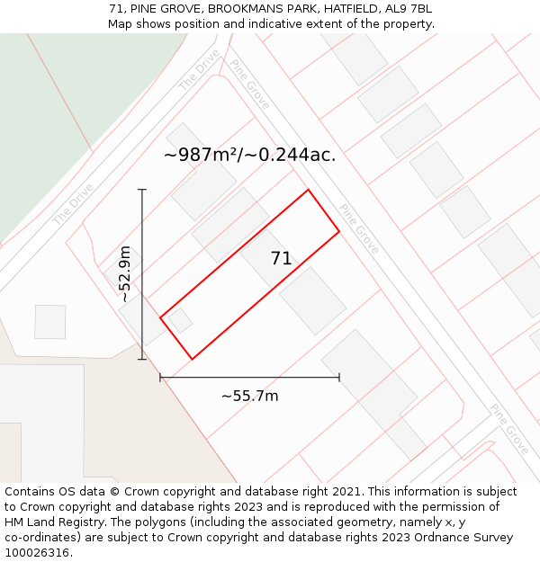 71, PINE GROVE, BROOKMANS PARK, HATFIELD, AL9 7BL: Plot and title map