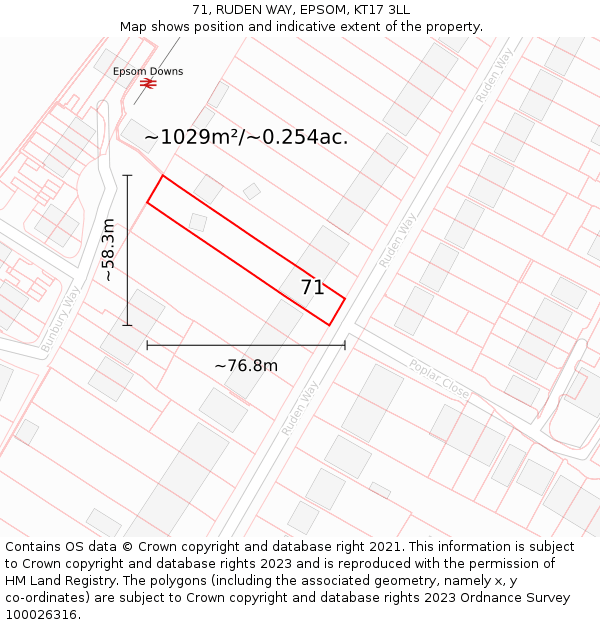 71, RUDEN WAY, EPSOM, KT17 3LL: Plot and title map