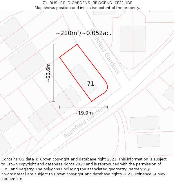 71, RUSHFIELD GARDENS, BRIDGEND, CF31 1DF: Plot and title map