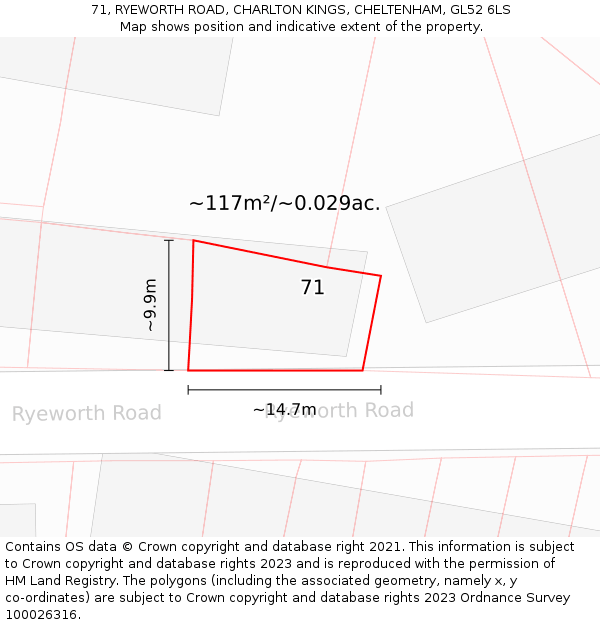 71, RYEWORTH ROAD, CHARLTON KINGS, CHELTENHAM, GL52 6LS: Plot and title map