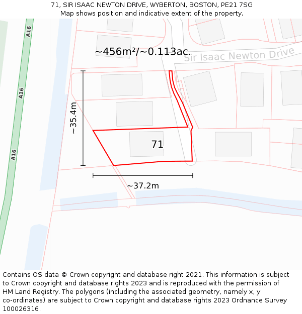 71, SIR ISAAC NEWTON DRIVE, WYBERTON, BOSTON, PE21 7SG: Plot and title map