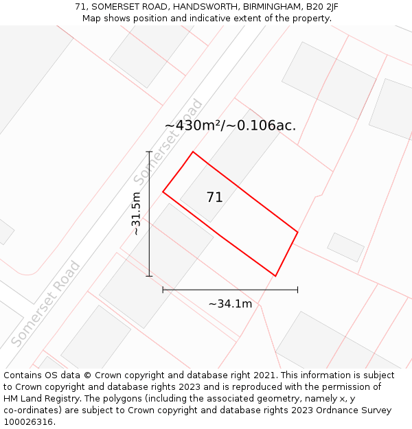 71, SOMERSET ROAD, HANDSWORTH, BIRMINGHAM, B20 2JF: Plot and title map