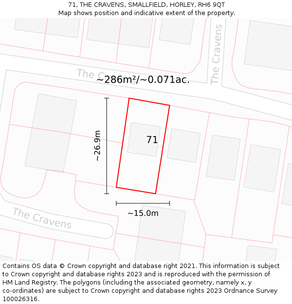 71, THE CRAVENS, SMALLFIELD, HORLEY, RH6 9QT: Plot and title map