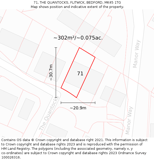 71, THE QUANTOCKS, FLITWICK, BEDFORD, MK45 1TG: Plot and title map