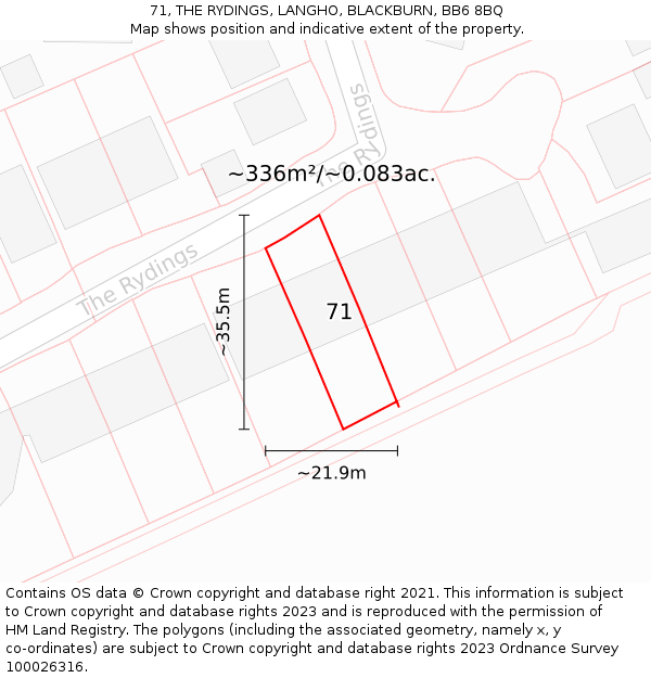 71, THE RYDINGS, LANGHO, BLACKBURN, BB6 8BQ: Plot and title map