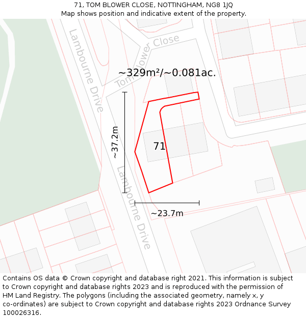 71, TOM BLOWER CLOSE, NOTTINGHAM, NG8 1JQ: Plot and title map