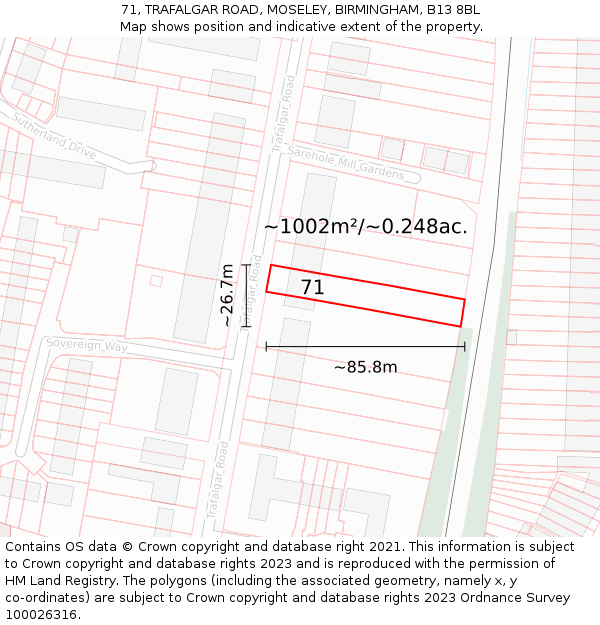 71, TRAFALGAR ROAD, MOSELEY, BIRMINGHAM, B13 8BL: Plot and title map