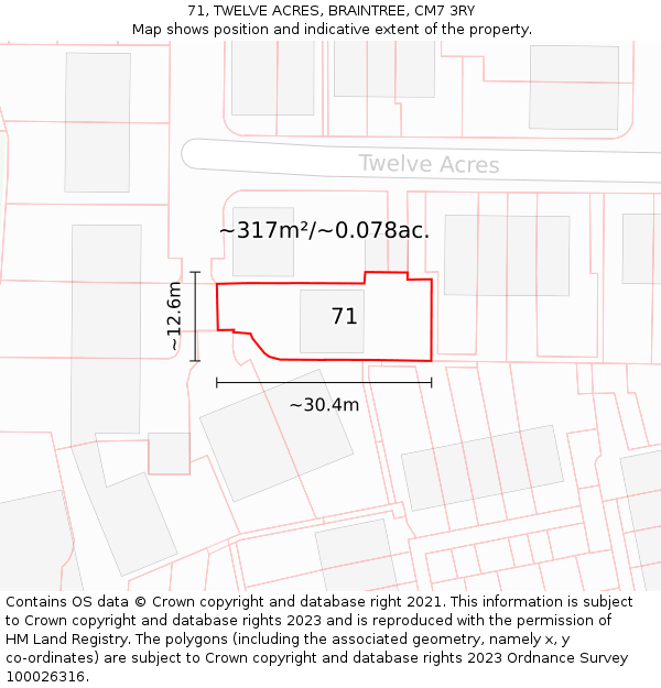 71, TWELVE ACRES, BRAINTREE, CM7 3RY: Plot and title map