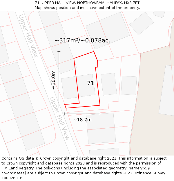 71, UPPER HALL VIEW, NORTHOWRAM, HALIFAX, HX3 7ET: Plot and title map