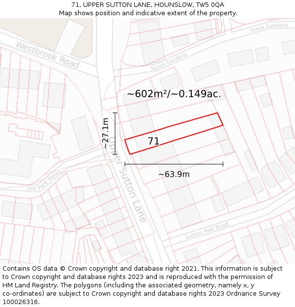 71, UPPER SUTTON LANE, HOUNSLOW, TW5 0QA: Plot and title map